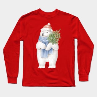 Polar bear wearing xmas hat Long Sleeve T-Shirt